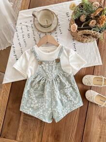 SHEIN LMoss Kids LMoss 女婴纯色提花连体衣 女婴服装 女婴连体衣 碎花婴儿服 两件套女婴套装 女婴夏季套装 两件套女婴服装 女婴复古服装 碎花刺绣婴儿服 无袖多色女婴连体衣，夏季碎花刺绣设计 - 彩色 - 查看 3