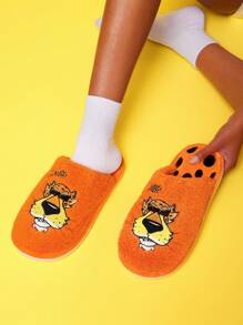 Cheetos X SHEIN 可爱卡通刺绣橙色女士防滑室内拖鞋女孩柔软毛绒保暖冬季家居鞋花朵、泡泡和毛茛，耐用鞋底，居家卧室空调房春秋冬 - 橘色 - 查看 2