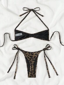 Swim SXY 2pcs Leopard Print Halter Strappy Backless Sexy Bikini Set For Women, Autumn For Summer Beach Vacation - Multicolor - View 6