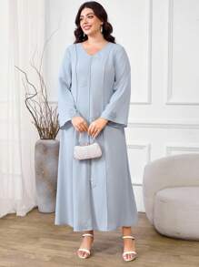 Al Najma Plus Size Women's Solid Color V-Neck Applique Elegant Long Sleeve Arabic Maxi Dress - Green - View 4