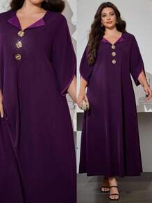 Al Najma 大码女式春秋翻领金属铆钉喇叭袖连衣裙 - 紫色 - 查看 2