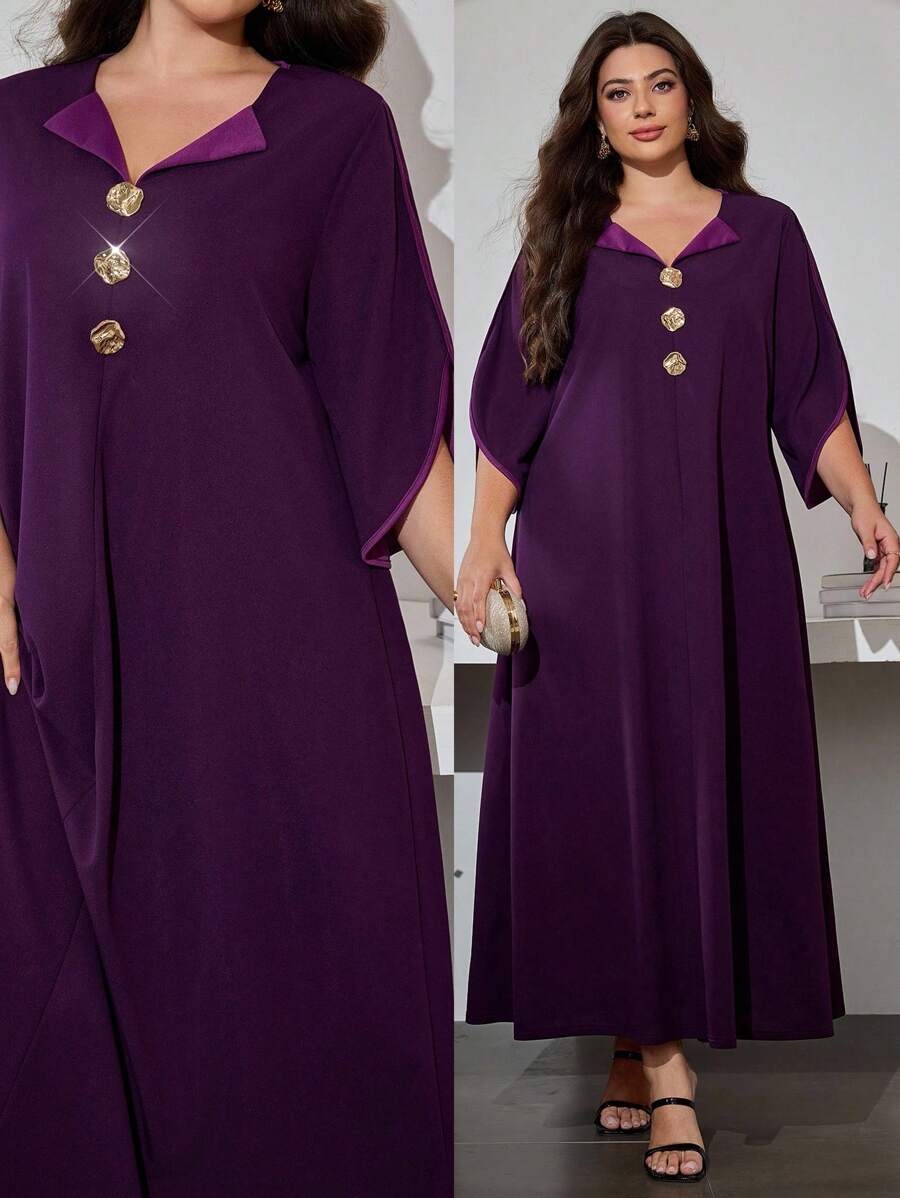 Al Najma 大码女式春秋翻领金属铆钉喇叭袖连衣裙