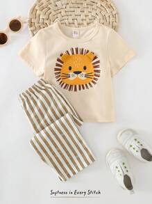 Cozy Pixies 2 件套男婴卡通狮子针织柔软圆领短袖上衣和彩色条纹松紧腰裤套装 - 杏色 - 查看 1