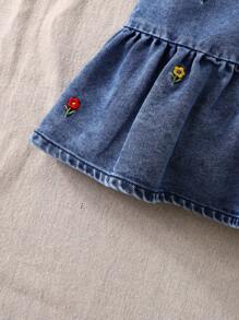 Tween Girls Denim Light Wash Blue Puff Sleeve Floral Embroidered Fashionable Casual Cute Everyday Outdoor Dress Floral Denim Dress Fall Winter - Light Wash - View 5