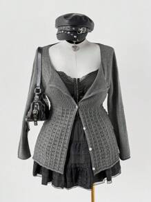 Sunspun 大码纯色复古钩针纽扣开衫 - 灰色 - 查看 4