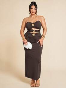 SHEIN BAE Váy khoét lỗ trang trí kim loại màu đen cỡ lớn dành cho nữ, đi nghỉ - Cà phê nâu - Xem 3