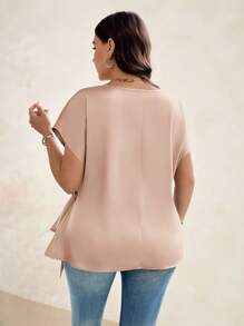 SHEIN Clasi Áo cánh dơi cổ tròn tay ngắn màu trơn cỡ lớn cho nữ, thắt nơ thanh lịch - Rượu sâm banh - Xem 2