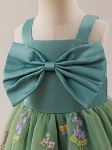 Glamorique Kids Baby Girls' Green Bow Design Mesh Embroidered Dress, Fluffy Skirt Cute & Sweet, Suitable For Birthday Party, Flower Girl, Various Occasions - Green - View 7