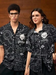 HARRY POTTER X SHEIN Men's Letter Graphic Front Button Short Sleeve Shirt, Summer - Black - View 1