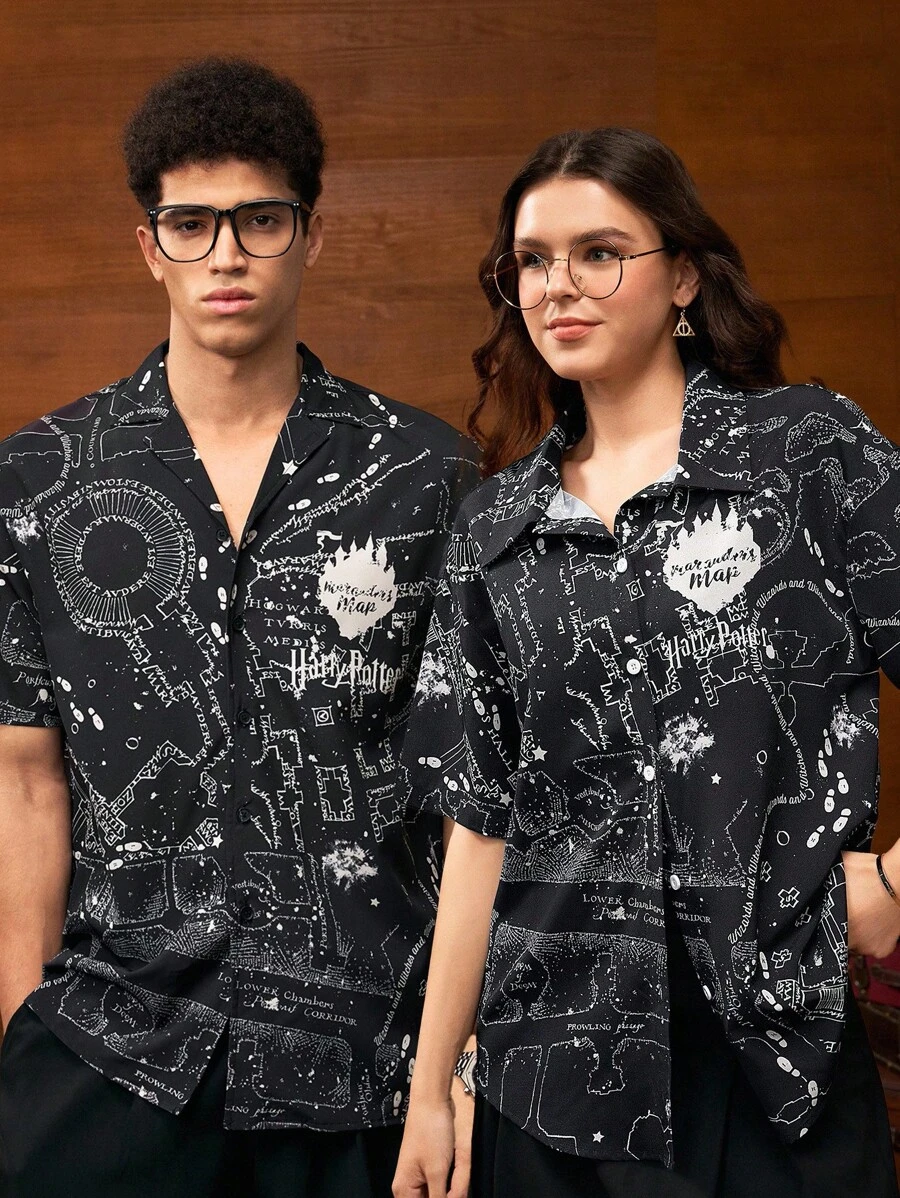 HARRY POTTER X SHEIN Men's Letter Graphic Front Button Short Sleeve Shirt, Summer - Black - View 1