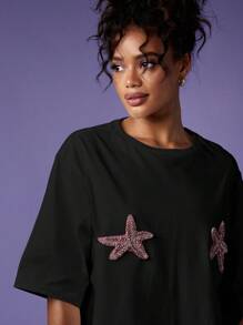 MISSGUIDED 超大号海星T恤，带闪光装饰，夏季海滩度假休闲周末舒适穿着 - 黑色 - 查看 4