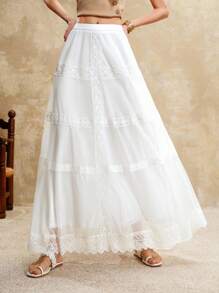 SHEIN LUNE Women's White Elegant Summer Chiffon Pleated Lace Maxi Skirt,Boho Flowy Wedding Guest Skirt,Holiday Resort Wear,Old Money Style Tea Party Nashville - White - View 3