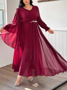 Modelyn Plus Size Women's Fashionable & Elegant Crystal Embellished Dress - Burgundy - View 5