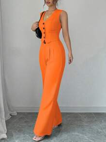 Elenzga 3 件套休闲/工作服纯色西装外套、背心和裤子套装 - 橘色 - 查看 5