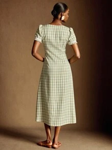 Écloséra Váy midi xẻ tà cổ chữ V kẻ caro vàng xanh kiểu Pháp cổ điển, viền ren trắng, màu tương phản, trang trí nút phía trước, dành cho nữ mùa xuân hè - màu xanh lá - Xem 2