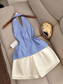 Airaco 2 件套女士优雅条纹印花金属装饰吊带上衣和短裤套装，夏季 - 彩色 - 查看 2