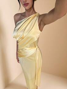 SHEIN BAE Solid Color Asymmetric Asymmetrical Neck Elegant Long Satin Dress For Women, Yellow Dress, Suitable For Vacation, Birthday, Brunch, Wedding Guest, Bridesmaid, Spring/Summer,Butter Yellow Dress Party Dresses For Women - Yellow - View 6