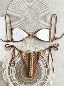 Swim Vcay 女士夏季 2 件套沙滩套装，独特纹理镂空针织面料上衣和裤子，两侧带抽绳，泳装比基尼套装