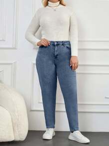 EURMUSE 97% Cotton Plus High Waist Mom Fit Jeans - Dusty Blue - View 5