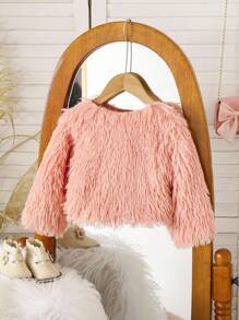 SHEIN Elladie kids 女宝宝简约纯色毛绒短外套，适合秋冬季户外穿着 - 珊瑚粉 - 查看 2