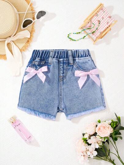 SHEIN Baby Girl Cute Beach Street Bow Decor Denim Shorts, Casual And Comfortable Wear