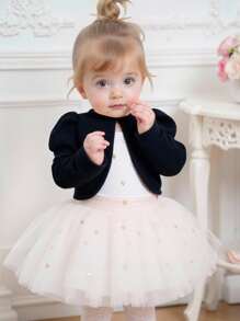 SHEIN 时尚女婴针织长袖短款夹克，黑色，百搭 - 黑色 - 查看 9