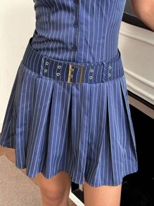 Chiquease Women's Striped Button Waist Belt Pleated Hem Casual Halter Neck Dress Summer Dress Clothes For University - Navy Blue - View 6