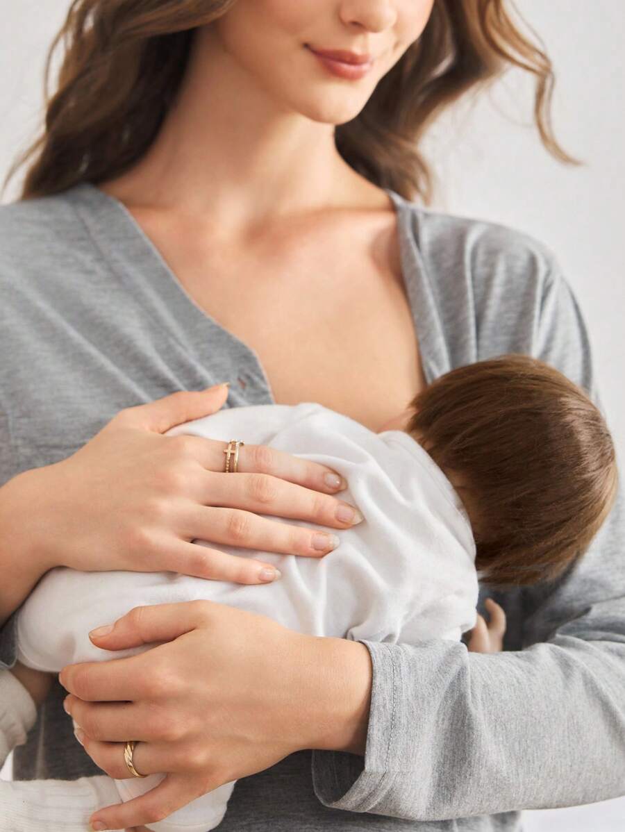 Moonlight&Mama Maternity Solid Color Button Half-Placket Long Sleeve Nursing Functional Homewear Top - Grey - View 1