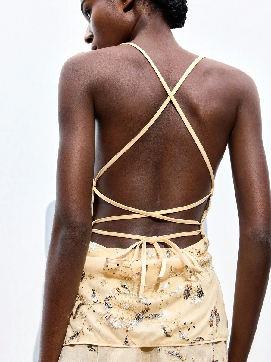 Maija 2025 Lässiges, elegantes Damen-Camisole-Top mit Spaghettiträgern, Pailletten und floraler Stickerei, geeignet für Frühling/Herbst Urlaub, Weihnachten, Neujahr, Strand, elegant