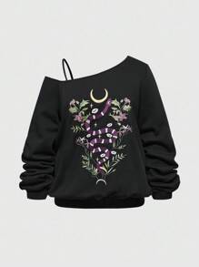 ROMWE Dark Gothic Snake & Plant Print Loose Fit Plus Size Fleece Sweatshirt - Black - View 1