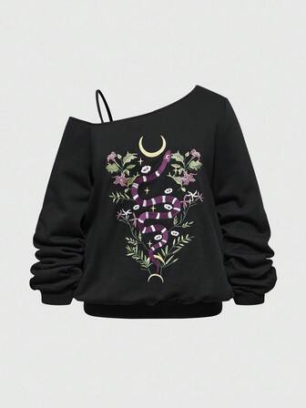 Goth Dark Gothic Snake & Plant Print Loose Fit Plus Size Fleece Sweatshirt