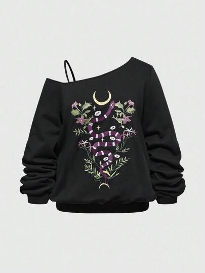 Dark Gothic Snake & Plant Print Loose Fit Plus Size Fleece Sweatshirt