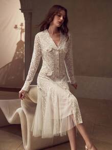 MOTF PREMIUM ELEGANT FAUX PEARL DECOR LACE CONTRAST MESH MERMAID HEM DRESS - White - View 6