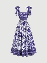 Sweetra Vestido Floral com Amarração na Cintura Feminino, Alça Fina Romântica Vintage, Vermelho Chique, Ajuste Slim Leve e Sexy