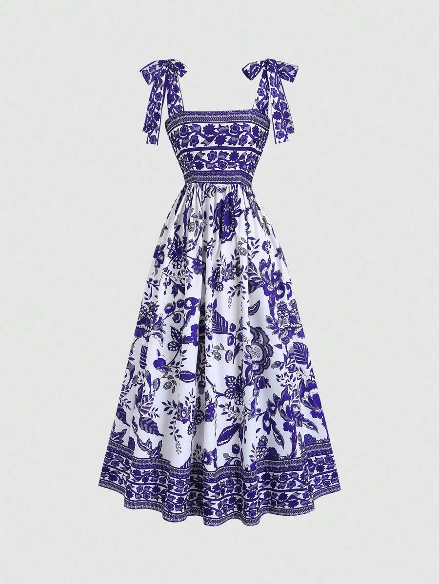 Sweetra 女式系腰碎花连衣裙，复古浪漫细肩带，红色别致，轻盈修身性感 - 紫色 - 查看 1