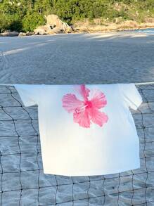 SHEIN EZwear Camiseta holgada de mujer de manga corta con cuello redondo, de estilo minimalista casual con estampado de flor de hibisco rosa, de mezcla de algodón, adecuada para el verano - Blanco - Ver 6