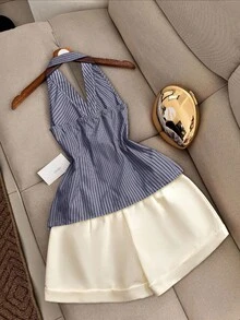 Airaco Women's Elegant Striped Backless Halter Top And Shorts 2 Pieces Set - Dusty Blue - View 2