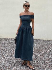 Livesso 女式夏季露肩束腰宽松牛仔连衣裙 - 藍色 - 查看 4