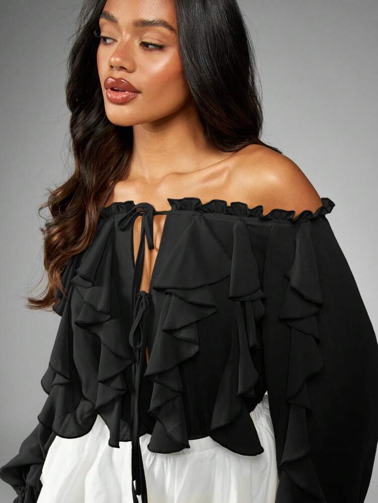 MISSGUIDED Body in chiffon con scollo a spalle scoperte, maniche a campana con volant, stile boho festival Bardot, per occasioni speciali ed eventi serali, con design a palloncino in vita e orlo a goccia