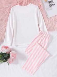 Set de 2 piezas de pantalones casuales a rayas y blusa de manga larga con estampado de moño, ropa cómoda para estar en casa - Multicolor - Ver 2