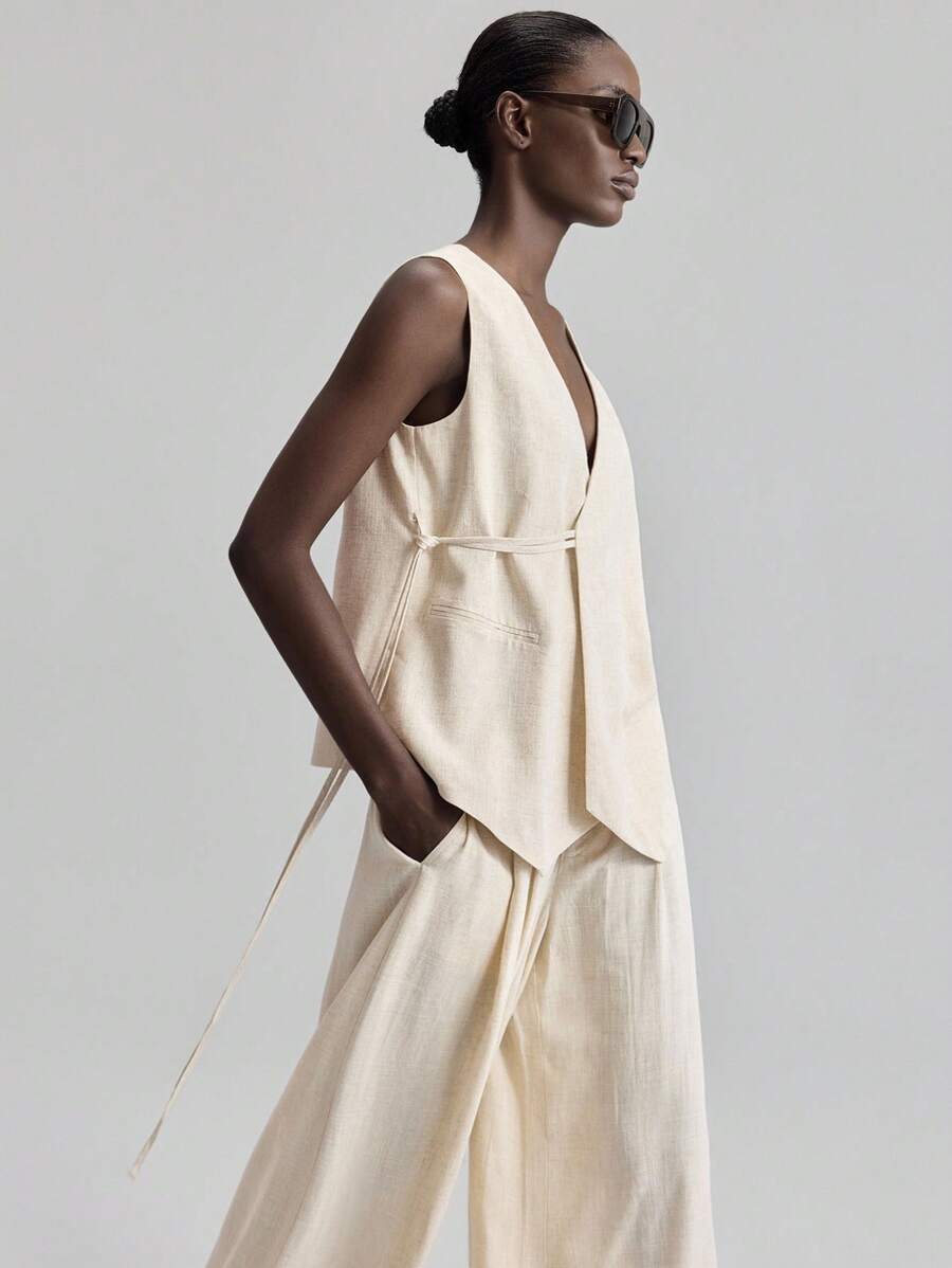 Ontre 2pc Set Women Urban Chic Casual Solid Color Vest And Pants Suit, Summer 2025 - Beige - View 1