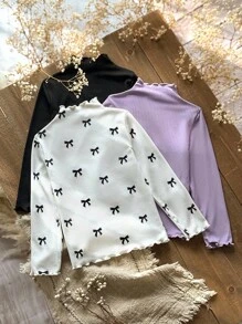 Emery Rose Kids Emery Rose Kids 3件套少女纯色蝴蝶结装饰波浪下摆立领T恤套装 - 彩色 - 查看 4