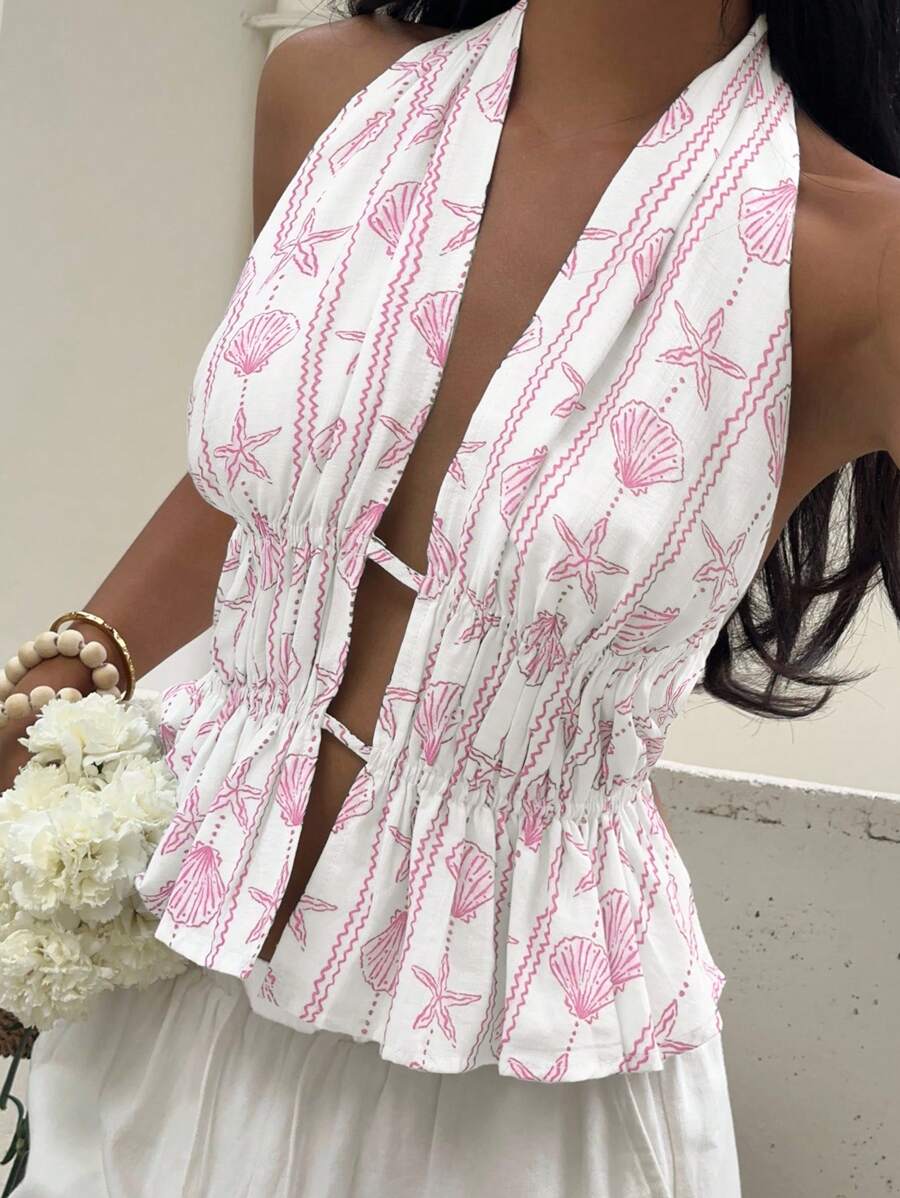 SHEIN EZwear 夏季休闲度假海星和贝壳印花褶饰露背挂脖上衣 - 粉色 - 查看 1