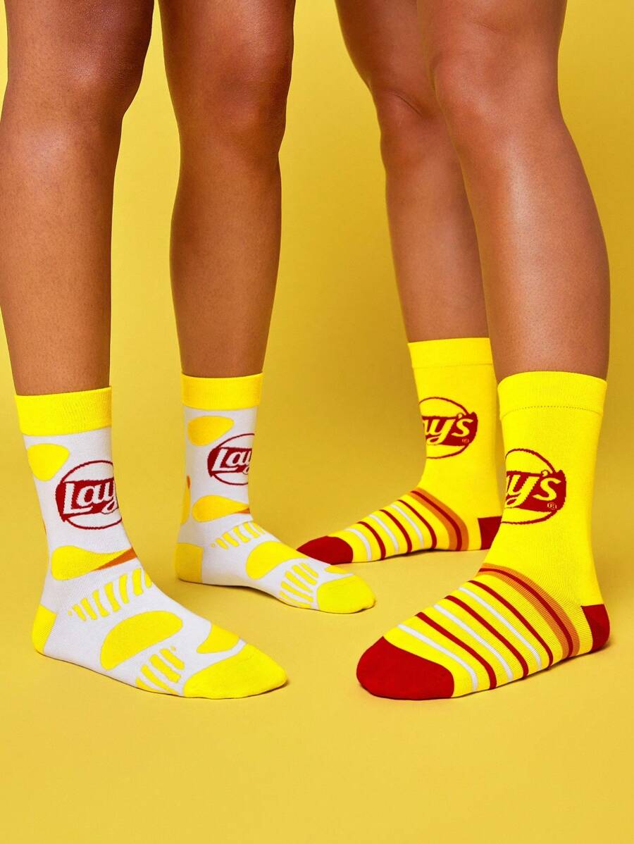 Lay's X SHEIN 2 双柔软透气吸湿排汗休闲女士中筒袜时尚薯片黄色中筒袜加固脚趾和脚跟,经久耐用男女通用四季百搭夏冬 - 彩色 - 查看 1