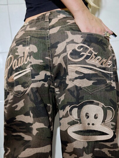 Paul Frank X ROMWE Y2K Streetwear Monkey Embroidery Baggy Camo Loose Fit Jeans