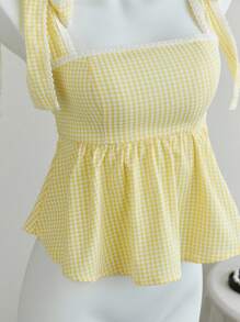 Elamini 女式荷叶边下摆可爱格子系带吊带背心 - 黃色 - 查看 6