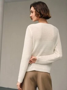 Uhlyne Fall Women Clothes Women's Solid Color Long Sleeve Single-Breasted Casual Cardigan All White Knitted Sweater - White - View 2