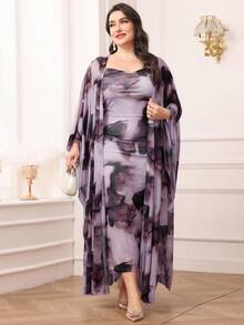 Modelyn Set de 2 piezas de vestido y chal con estampado tie-dye de talla grande