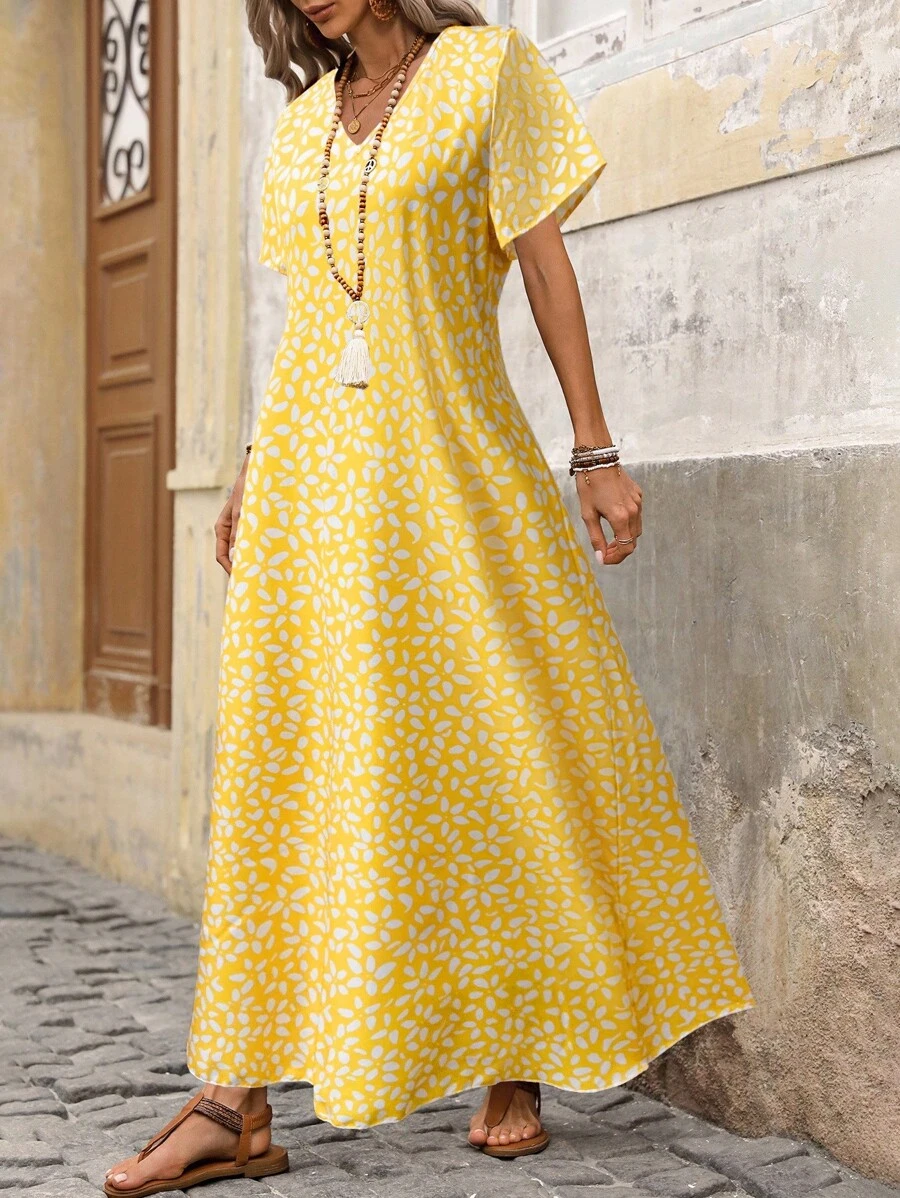 EMERY ROSE 女式长款花卉印花蓝色蝙蝠袖连衣裙