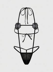 ROMWE Grunge Punk Dark Punk 3D Spider Web Halter Crotchless Bodysuit, Sexy, Halloween - Black - View 2